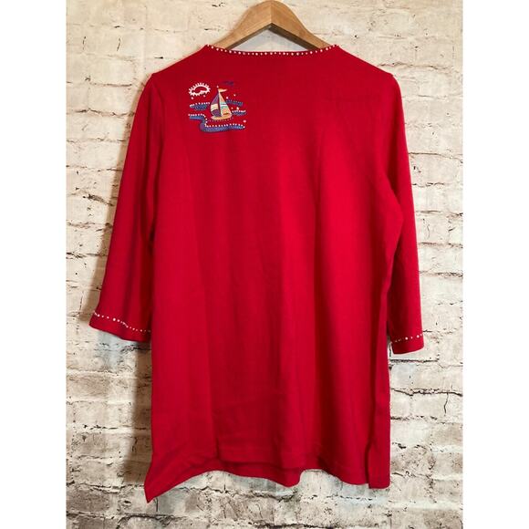 Quacker Factory Top Womens Medium Tunic Red Nautical Beachy Beaded Embroidered - Picture 14 of 16